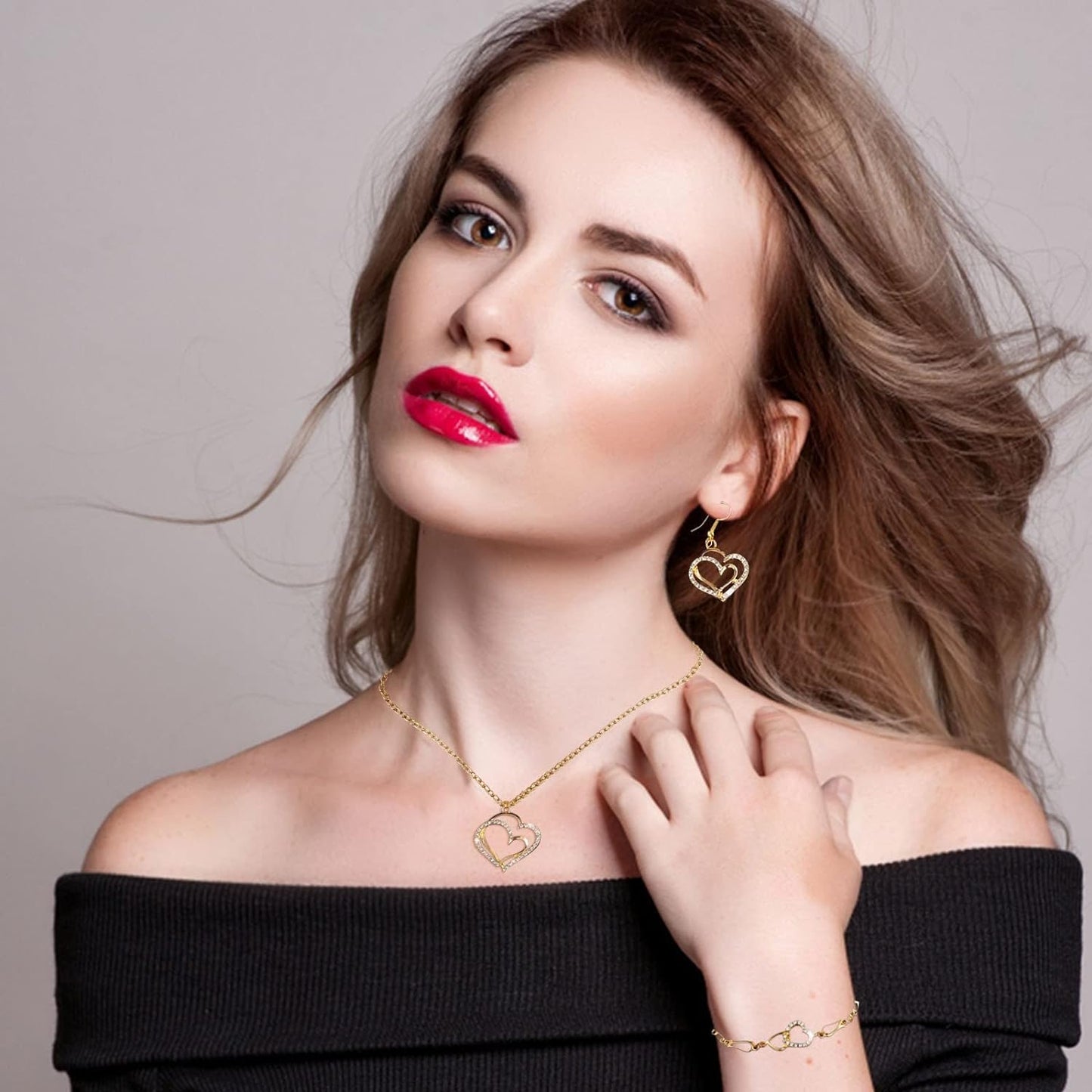 Double Heart Necklace Jewelry Set ๐๐