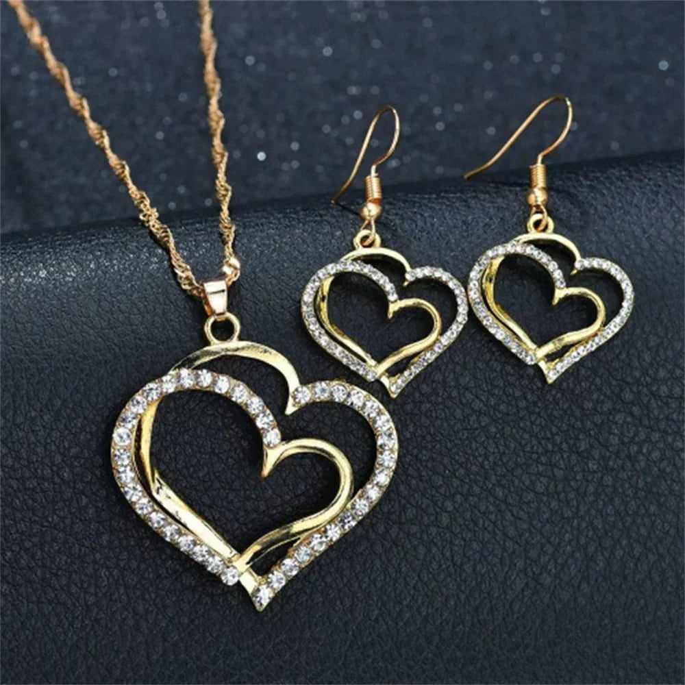 Double Heart Necklace Jewelry Set ๐๐